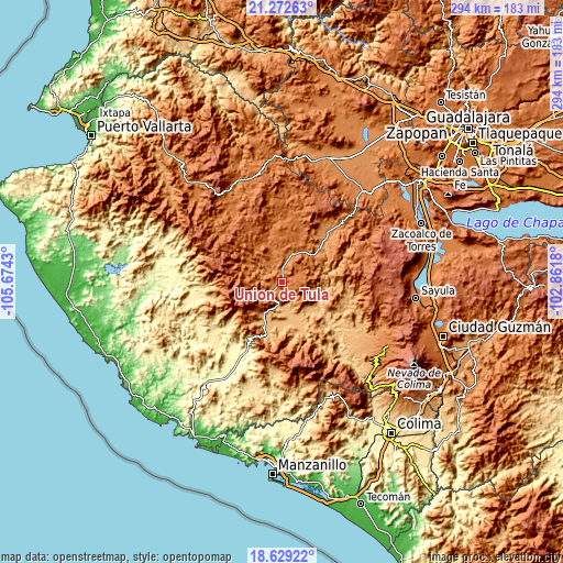 Topographic map of Unión de Tula