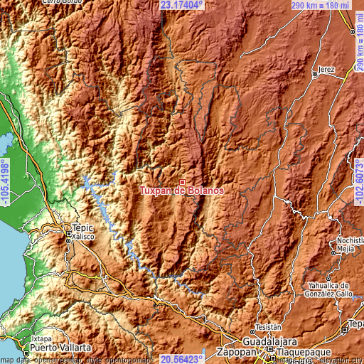 Topographic map of Tuxpan de Bolaños