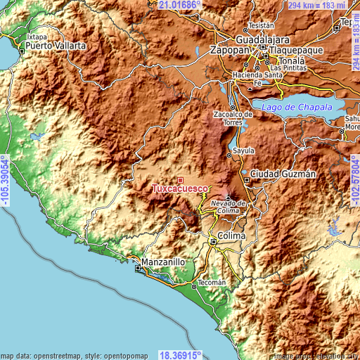 Topographic map of Tuxcacuesco