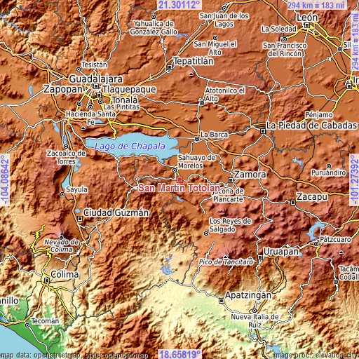 Topographic map of San Martín Totolán