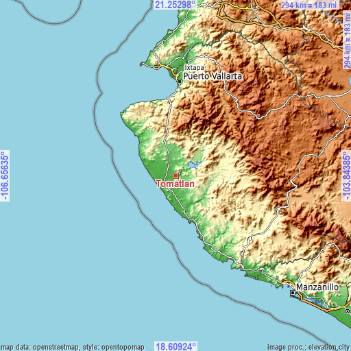 Topographic map of Tomatlán