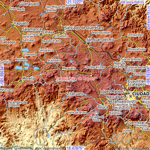 Topographic map of Tlalpujahua de Rayón