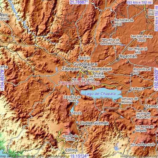 Topographic map of Tlajomulco de Zúñiga