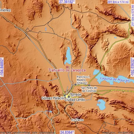 Topographic map of Tlahualilo de Zaragoza