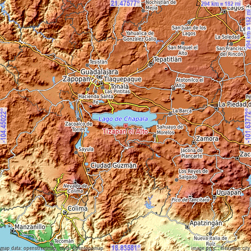 Topographic map of Tizapán el Alto