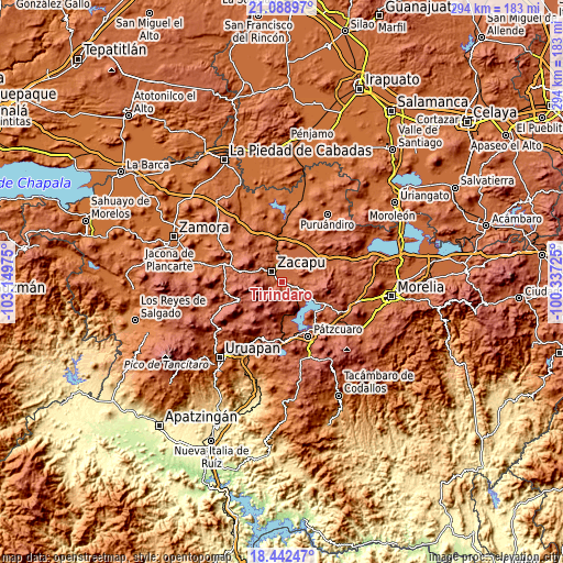 Topographic map of Tiríndaro