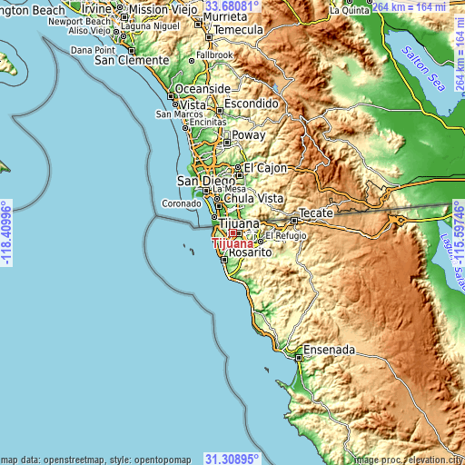 Topographic map of Tijuana