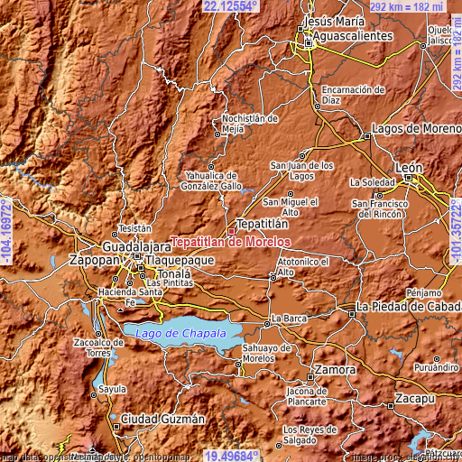 Topographic map of Tepatitlán de Morelos