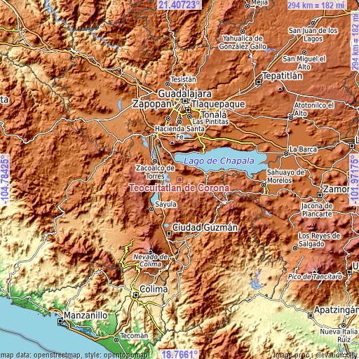 Topographic map of Teocuitatlán de Corona