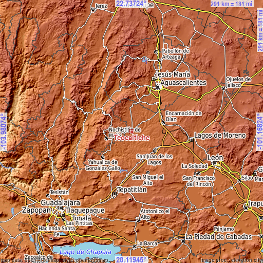 Topographic map of Teocaltiche