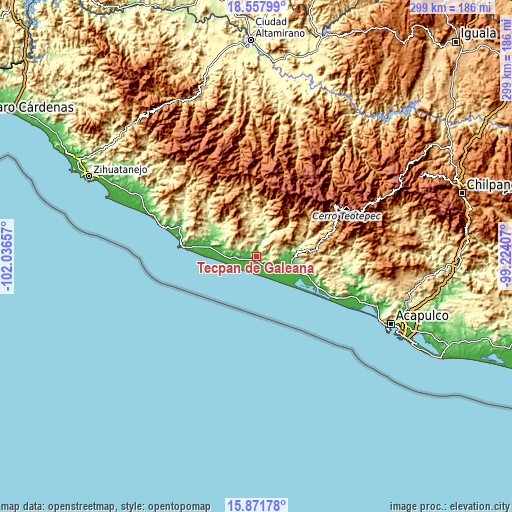 Topographic map of Técpan de Galeana