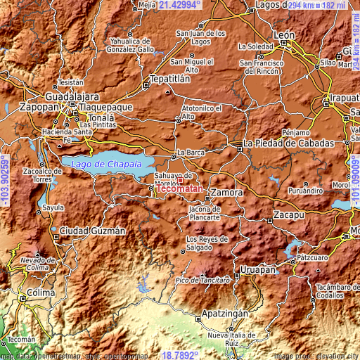 Topographic map of Tecomatán