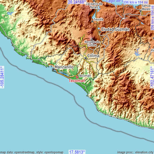 Topographic map of Tecomán