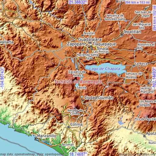 Topographic map of Techaluta de Montenegro