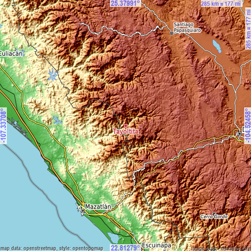 Topographic map of Tayoltita