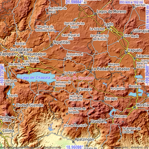 Topographic map of Tanhuato de Guerrero