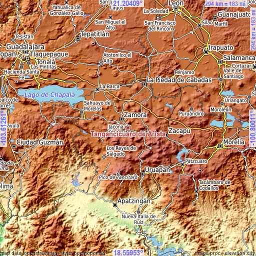 Topographic map of Tangancícuaro de Arista