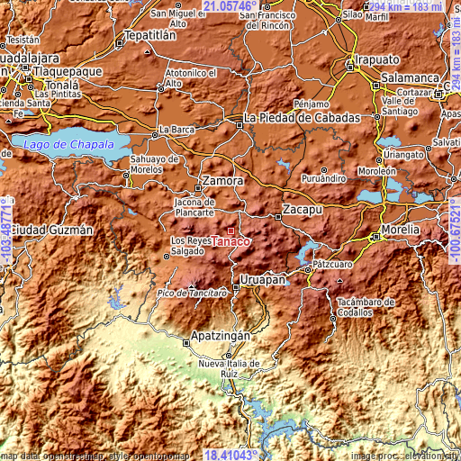 Topographic map of Tanaco