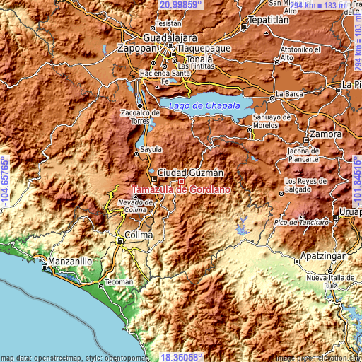 Topographic map of Tamazula de Gordiano