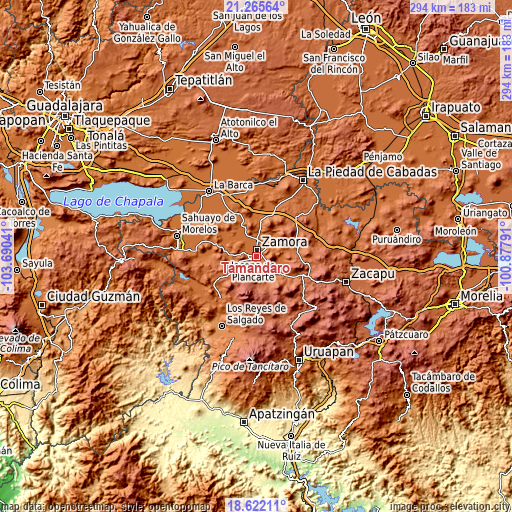 Topographic map of Tamándaro
