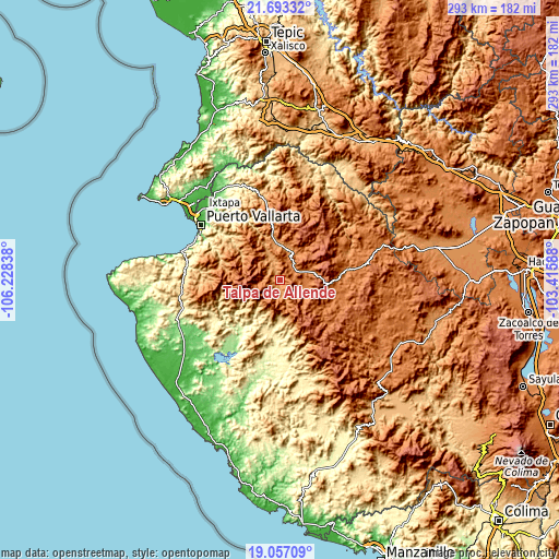 Topographic map of Talpa de Allende