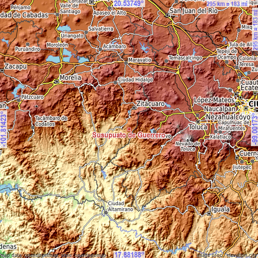 Topographic map of Susupuato de Guerrero