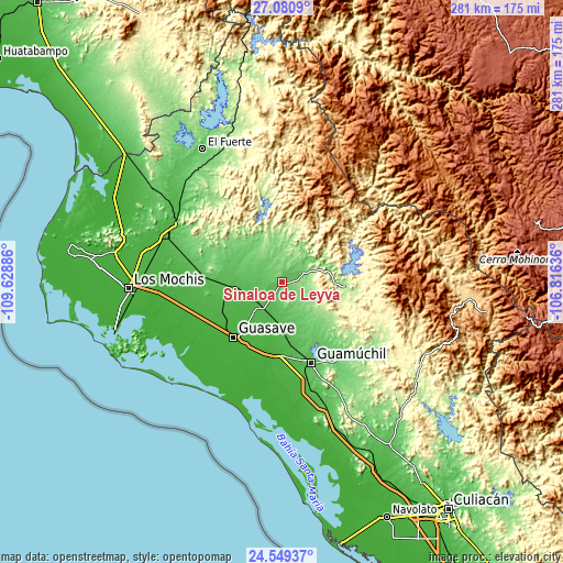 Topographic map of Sinaloa de Leyva