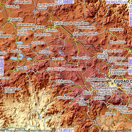 Topographic map of Santiago Oxtempan