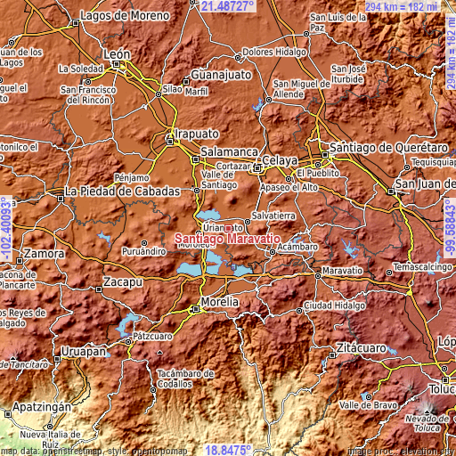 Topographic map of Santiago Maravatío