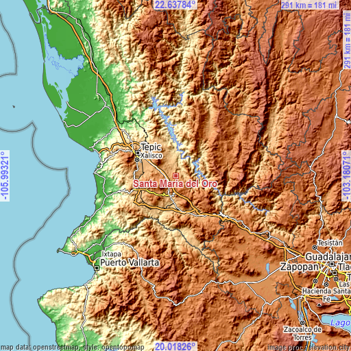 Topographic map of Santa María del Oro