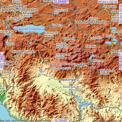 Topographic map of Santa Ana Zirosto
