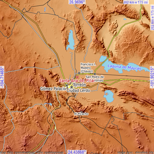 Topographic map of Santa Ana del Pilar