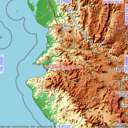 Topographic map of San Sebastián del Oeste