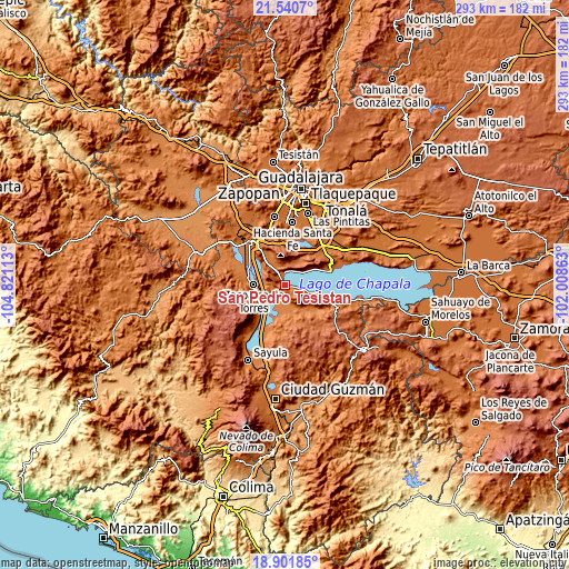 Topographic map of San Pedro Tesistán