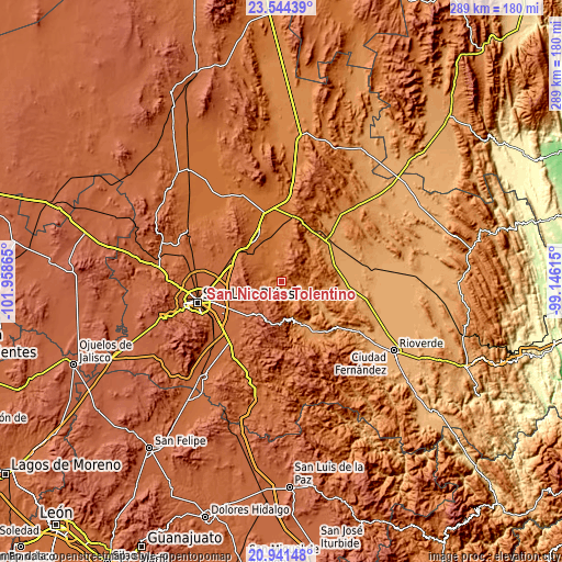 Topographic map of San Nicolás Tolentino