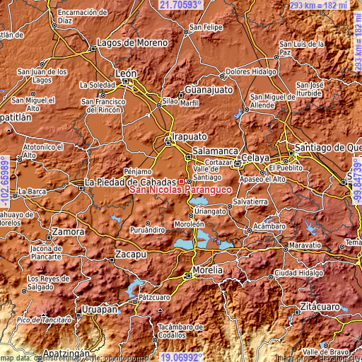 Topographic map of San Nicolás Parangueo