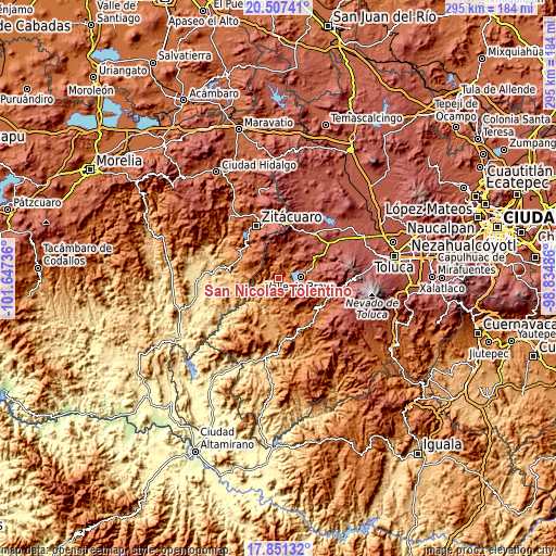 Topographic map of San Nicolás Tolentino