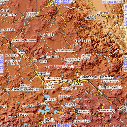 Topographic map of San Miguel de Allende