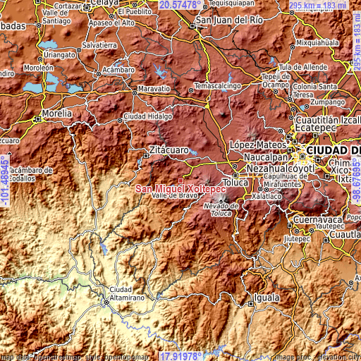 Topographic map of San Miguel Xoltepec