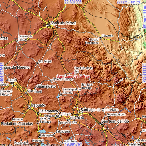 Topographic map of San Luis de la Paz