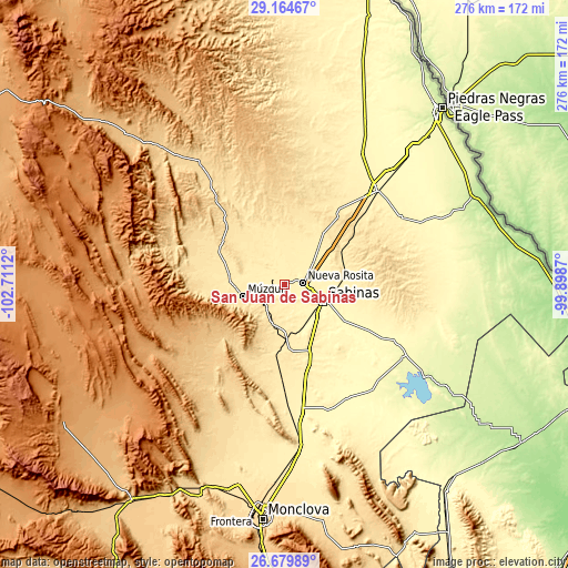 Topographic map of San Juan de Sabinas