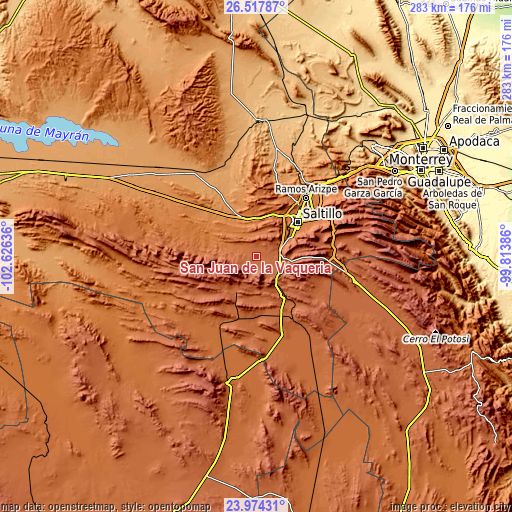 Topographic map of San Juan de la Vaquería