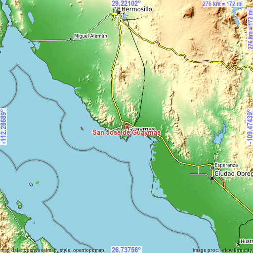 Topographic map of San José de Guaymas