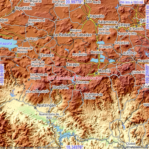 Topographic map of San Jerónimo Purenchecuaro