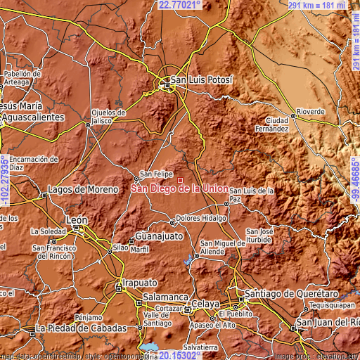 Topographic map of San Diego de la Unión