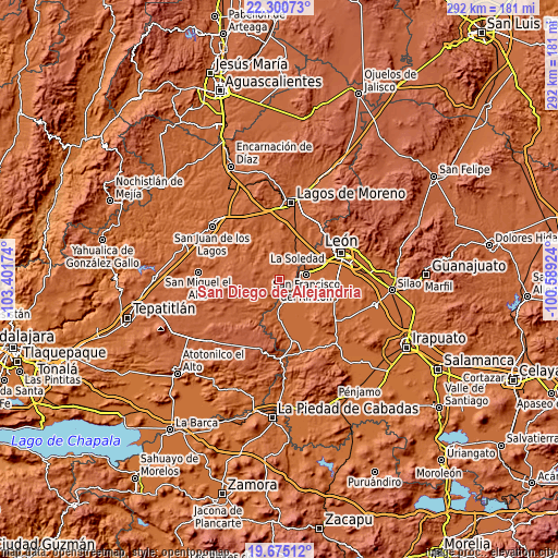 Topographic map of San Diego de Alejandría