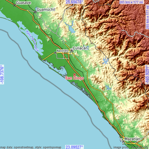 Topographic map of San Diego