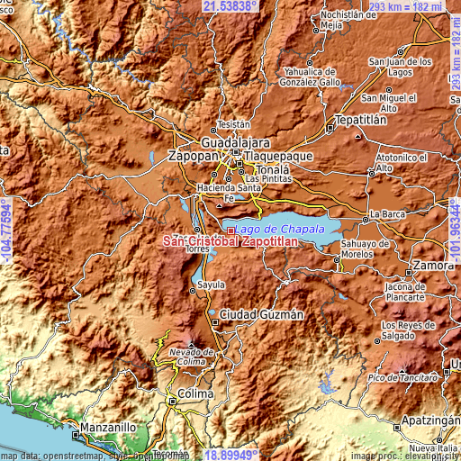 Topographic map of San Cristóbal Zapotitlán