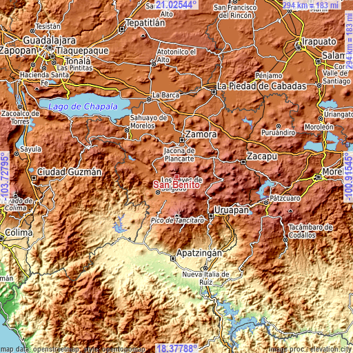 Topographic map of San Benito