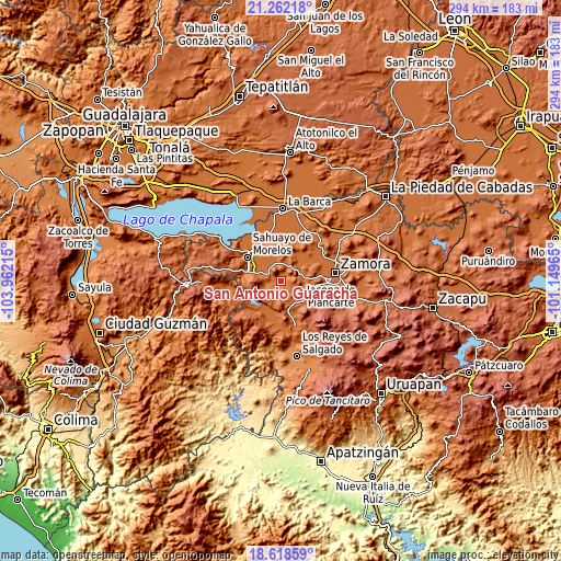 Topographic map of San Antonio Guaracha